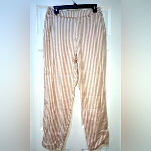 NEW Nic+Zoe Cafe Straight Leg Pant striped pockets pull on linen beige Sz 8 VGUC